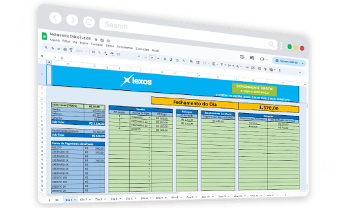 Planilha de Fechamento de Caixa da Lexos em tela de computador, imagem espelhada.