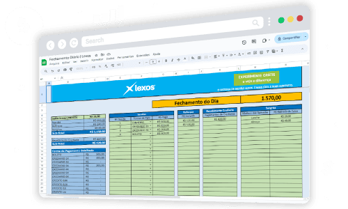 Planilha de Fechamento de Caixa da Lexos em tela de computador.