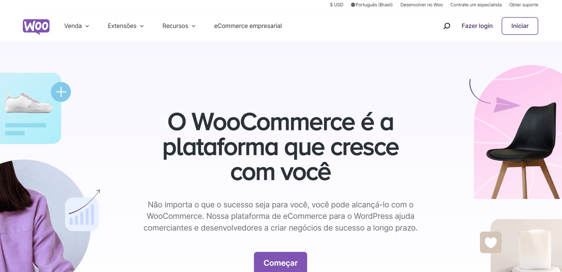 Print da página principal da plataforma de e-commerce WooCommerce.